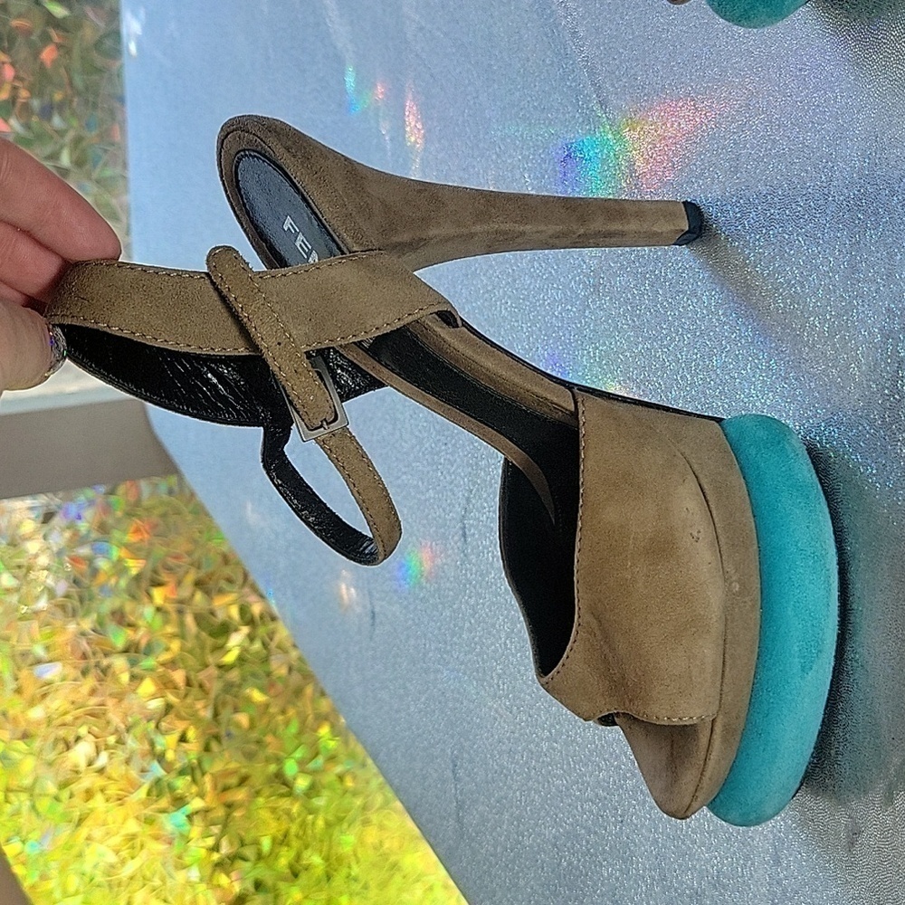 Fendi Vintage Teal & Grey Suede  Platform Peep Toe High Heel Sandal SZ:37/6.5 - Picture 5 of 14